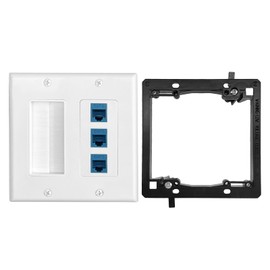 2 Gang Brush Wall Plate and 3-Port Cat6 Ethernet, RJ45 Keystone Jack Blue with Low Voltage Mounting Bracket for HDMI, Coaxial, Ethernet, Speaker Wires, Power Cords Cable Pass Through