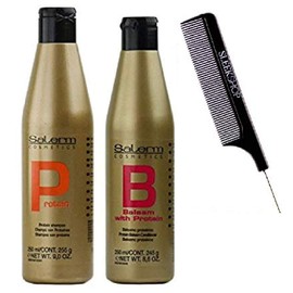 Salerm Cosmetics PROTEIN Shampoo & Conditioner DUO Set (with Sleek Steel Pin Tail Comb) Keratin Silk Protein (9 oz + 8.6 oz - ORIGINAL COMBO KIT)