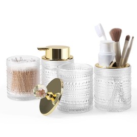 DASITON Bathroom Accessories Set,4Pcs Glass Bathroom Counter Set with Foaming Soap Dispenser,Toothbrush Holder,Bathroom Tumbler,Cotton Swab Jars, for Vanity Bathroom Decor(Clear A)