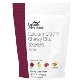 Bariatric Advantage Calcium Citrate Chewy Bites 500 mg with Vitamin D3 - Chewable Supplement for Bariatric Surgery Patients - Sugar-Free Calcium Chews - Assorted Fruit - 90 Count