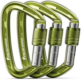 FresKaro 25kn Climbing Carabiners Screw Locking Carabiner Clips, Heavy Duty Carabiner for Rock Climbing, Rappelling, Hunting, or Survival Gear kit, Gym Equipment, Cerfified UIAA Carabiner, Green 3pcs