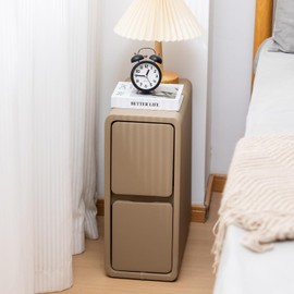 SOBIBO Narrow Nightstand, Solid Wood Night Stand for Small Spaces, Couch, Khaki Color 7.87in Wide