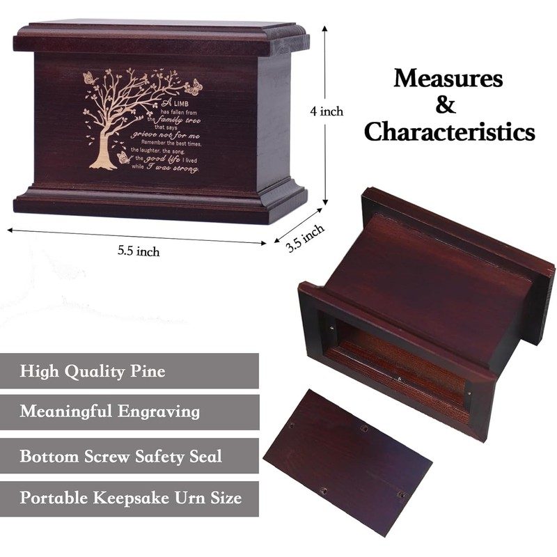 6 Inch Small Wooden Urn for Human Ashes - Keepsake