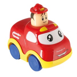 Bieco Push & Go Cars Toy Car with Wind Up Mechanism Push Down Head Toy Vehicle Crawling Fire Brigade red