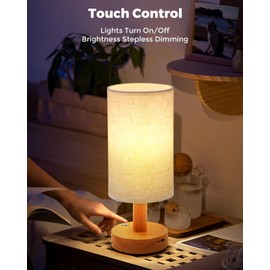 Cordless Table Lamp, 2200mAh Battery Operated Desk Lamp, Touch Bedside Lamps for Night Stands, Warm Light Mini Boho Lamp, Wood Base Round Flaxen Fabric Shade for Living Room,LED Bulb Included (‎Beige)