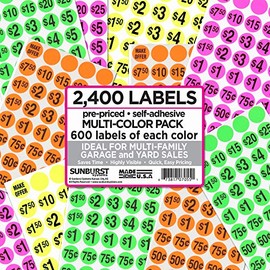 Sunburst Systems 2400 Count Pre-Priced Labels, 600 Each Pink, Yellow, Orange, Green, Multicolor, Garage Sale Stickers, Yard Sale Stickers, Price Labels