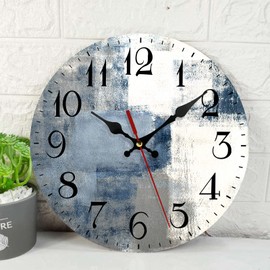 ArtSocket Wooden Wall Clock Silent Non-Ticking, Blue White Grey Abstract Painting Gray Vintage Round Wall Clocks Decor for Home Kitchen Living Room Office, Battery Operated(12 Inch)