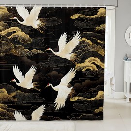 Feelyou Kids Japanese Crane Shower Curtain 72"x78" Traditional Retro Theme Bath Curtain for Boys Girls Cute Bird Cloud Bathroom Shower Curtain Set Kids Bathroom Accessories