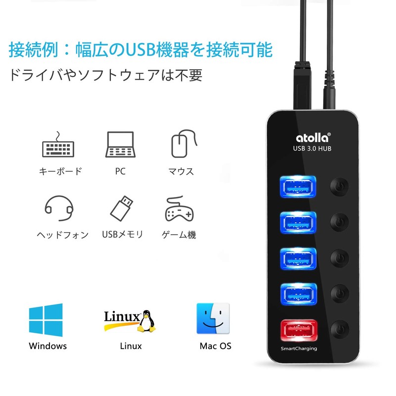 USB 3.0 Hub, Power Included, atolla USB Hub, 5 Ports,