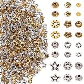 CRAFTYMELODY 480Pcs Spacer Beads 12 Style Alloy Loose Beads Flower Flat Snowflake Round Bead Spacer Jewelry Findings for Jewelry Making Accessory Supplies Bracelets Necklaces Earrring Gold Silver