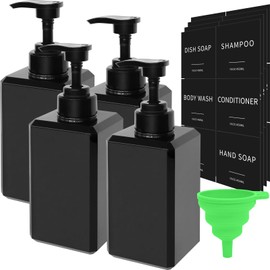 Black Soap Dispenser with Waterproof Labels, 15oz Plastic Hand Soap Dispenser for Bathroom, Thickened Plastic Dish Soap Dispenser, Shampoo and Conditioner Bottles with Funnel, 4 Pack