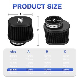2 Piezas Filtro de Aire de Moto Universal de 55 mm, Filtro de Reemplazo de Alto Rendimiento para Motor, Filtro de Aire para Carburador, Adecuado para Pit Bike, Scooter, Ciclomotor, ATV (Negro)