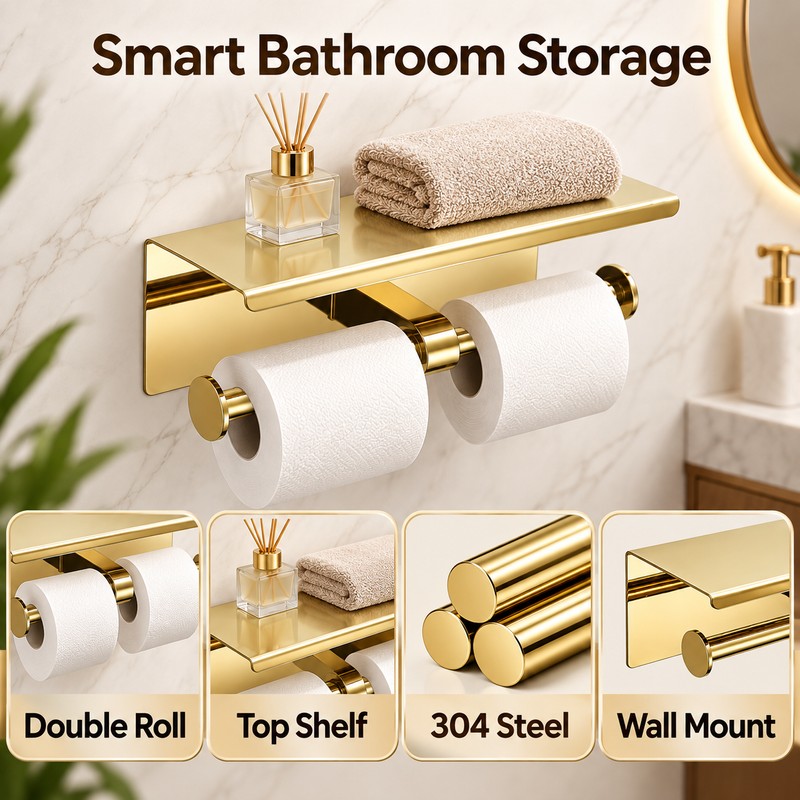 Wall Mounted Double Toilet Paper Holder with Shelf, 304 Stainless
