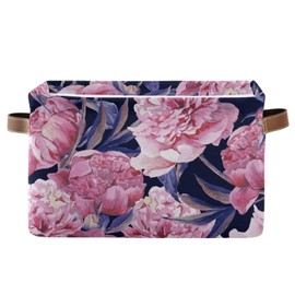 ALAZA Vintage Floral Pink Peonies Storage Bin with Handles,Collapsible Storage Organizer Basket Fabric Storage Bin for Shelf Clothes College Dorm Home Bedroom Bathroom Closet