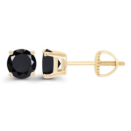 14K Yellow Gold Plated Sterling Silver 5mm Round Natural Black Onyx Birthstone Screwback Stud Earrings