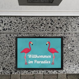 speecheese Door Mat 35 x 50 cm with Flamingo Motif and Saying: Welcome to Paradise Flamingo Caribbean Turquoise Pink Paradise Door Welcome Shoe Scraper Flat Waterbird