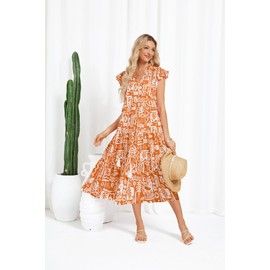 Women's Floral Midi Dress Cap Sleece A Line Beach Sun Dresses High Waist Casual Swing Maxi Flowy Dress with Pockets