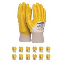 ONAU SAFETY Men's Cotton Knit Work Gloves, Size 11, 12 Pairs, Protective Nitrile Coated, Yellow White, Assembly Gloves, for Assembly Work, Mechanics, Service, Transport and Construction
