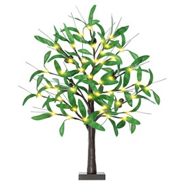 2FT Lighted Olive Tree - 24 Inch Light Up Olive Tree with 36 LED Lights, 12 Fruits, 72 Leaves, Timer Battery Operated Table Top Artificial Lighted Tree for Wedding Party Tabletop Decorations Indoor