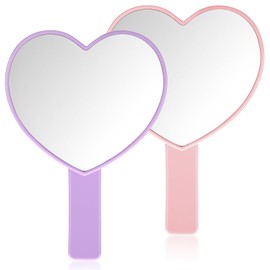 FdcZeyxior 2 Pcs Heart Shaped Handheld Mirrors Mini Travel Makeup Mirrors with Handle Small Portable Cosmetic Mirror Heart Decorative Mirror for Women, Pink and Purple