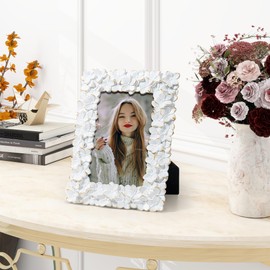 Axeman 4x6 Vintage Picture Frame, Flower Textured Hand-Crafted Resin Photo Frame with HD-Tempered Glass for Tabletop & Wall Display, Decorative Floral Design Home Décor, Art, Wedding, White & Gold