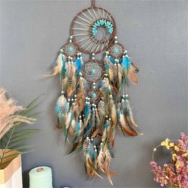 Belacasa Premium Crystal Turquoise Tree of Life Five Rings Dreamcatcher Hanging Decoration Natural Feather Wall Decoration Handmade for Home Decoration Bedroom Wall Hanging (Colorful Feather - 1pc)