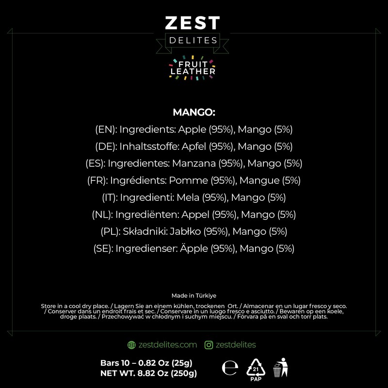 Fruit Snacks by Zest Delites, Fruit Leather, Dried Mango Bars,