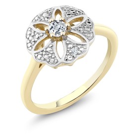 Gem Stone King 18K Yellow Gold Plated Silver White Topaz and I Diamond Engagement Ring For Women | 0.14 Cttw | Round 3MM | Gemstone November Birthstone | Size 9