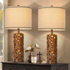 AIDENOEY Set of 2 Farmhouse Table Lamps with 2 USB Charging Ports, Vintage Carved Bedside Lamps with Smart Dimmable Bulbs, Rustic Nightstand Lamps for Bedroom Living Room Home Decor