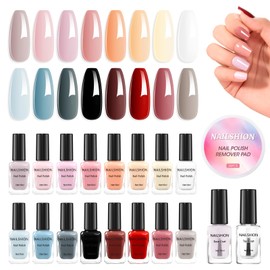 Nailshion Nude Gray Nail Polish Set Neutral 16 Colors with Base Top Coat Remover Pads, Nude Brown Burgundy Dusty Rose Fast Dry Fingernail Polish Set, Non-Gel, Rich in Castor Oil Nail Art Kit