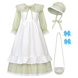 ReliBeauty Pioneer Girl Costume with Accessories Prairie Dress Girls Green,150