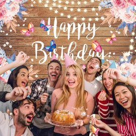 Floral Birthday Banner Decorations for Women Girls Floral Happy Birthday Banner Large Birthday Backdrop Rose Flower Butterfly Birthday Party Decorations Rustic Farmhouse Style Bday Decor