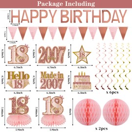 Zirtorei 18th Birthday Decorations for Girls Women, Pink Rose Gold happy 18 Birthday Crown and Sash Supplies, Eighteen Birthday Banner Hanging Swirls Honeycomb Ball