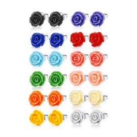 LOYALLOOK 12 Pairs Assorted Colors Resin Rose Flower Earring Studs Set Stainless Steel Post,Nickel-free 10MM