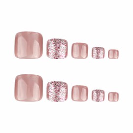 BABALAL Toe Press on Nails Square Fake Toe Nails Nude Pink Glitter Shine Glue on Toe Nails for women Cateye Bling Toe Acrylic Nails 24Pcs Summer Gel Toe Nails Supplies