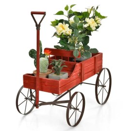 Wooden Wagon Plant Bed with Metal Wheels for Garden Yard Patio Flower Pots & Planterscolor: Gray Color