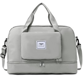 FIORETTO Womens Foldable Weekend Bag Overnight Hospital Bag with Shoes Compartment & Wet Pocket, Water Resistant Gym Bag Duffle Bag Travel Bag Holdall for Women Men Grey