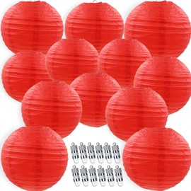 12 Pcs Red Paper Lanterns with 12 Pcs White LED Lights, 6" 8" 10" 12" Round Hanging Ball Lantern for Christmas Valentine's Day 4th of July Party