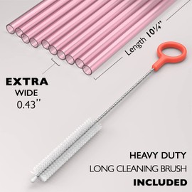 Fiesta First 10 EXTRA WIDE Long Reusable Hard Pink Plastic Drinking Straws + Sturdy Cleaning Brush - Fat for Boba, Bubble Tea, Large Thick Smoothies - Dishwasher Safe BPA Free