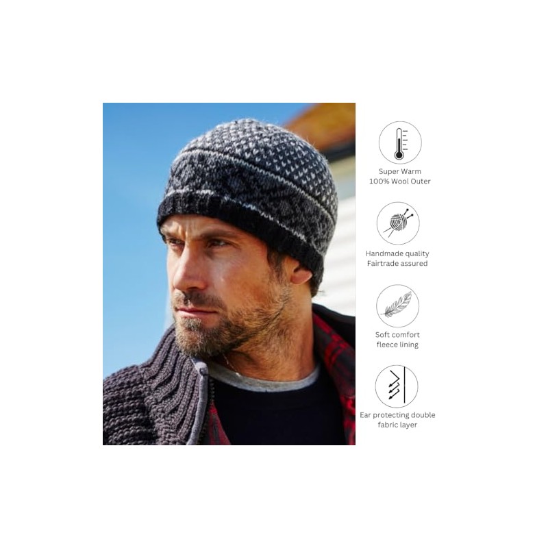 Pachamama Men Wool Beanie Skull Hat Fleece Lined Handknitted Charcoal