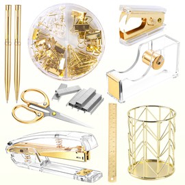 11 Pack Office Supplies Set Desk Stationery Accessories Kit of Stapler, Staple Remover, Tape Dispenser, Binder Clips,Gold Pens, Paper Clips and Scissor with 2000pcs Staples(Gold)