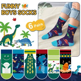 Queenshin Boys Novelty Socks 3-5 Years Old Crew Dinosaur Print Patterns Fun Crazy Funny Cute Cartoon Kids Sock Cotton Unique Birthday Christmas Gift 6 Pairs