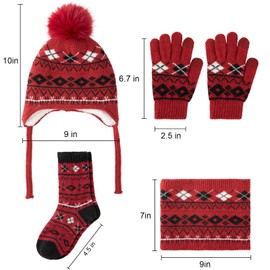 Comfoex 4 Pcs Kids Winter Beanie Hat Gloves Scarf Sock Set Neck Warmer Gaiter Knitted Fleece Lined Thermal Set for Boys Girls