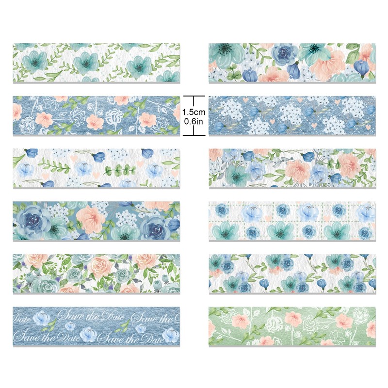 Blue Rose and Washi Tape Set 12 Rolls Floral Decorative