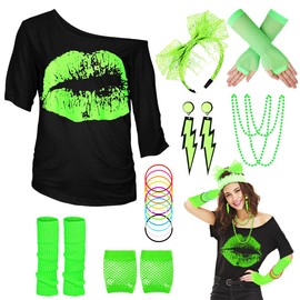 80s 90s Outfit, Women's T-Shirt, Leg Warmer, Headband, Earring, Necklace, Mesh Gloves, 80s 90s Costume Theme Party Accessories Clothing Neon Party Carnival Fancy Dress Women