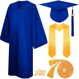 Syhood 4 Pieces 2025 Unisex Graduation Matte Gown Cap Tassel Stole Set Honor Cord for Graduation(Size 48,Blue, Gold)