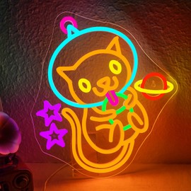 DREAMFORT Astronaut Boba Tea Cat Neon Sign Cat Neon Lights for Wall Decor Cute Kitty with Stars Asteroids Anime Led Light Sign for Kids Bedroom Dimsum Store Cofes Bar Milk Tea Shop