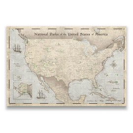 Conquest Maps National Parks Map with Pins Push Pin Travel Map Cork Board, Track Your Travels w/a Handmade Unique Canvas Pinable Map (24" x 16", Rustic Vintage)