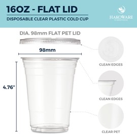 [1000 SET]HAKOWARE by Harvest Pack 16 oz Ultra Clear Plastic Cold Cups with Flat Lids, Disposable Wedding Party Drinking Cups Tumblers, Iced Coffee Beer Juice Cold Beverage