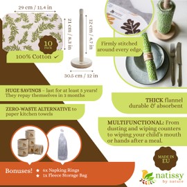 Reusable Cotton Kitchen Rolls, Pack of 10, Washable Kitchen Rolls with Wooden Holder, Made in the EU, Mehrveg Reusable Fabric Kitchen Towels, Reusable Kitchen Towels